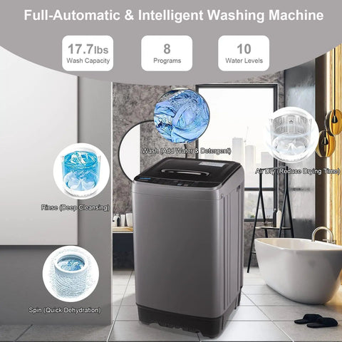 Compact Full Automatic Washing Machine In Sleek Grey with 8 programs and 17.7lbs capacity for efficient apartment laundry.