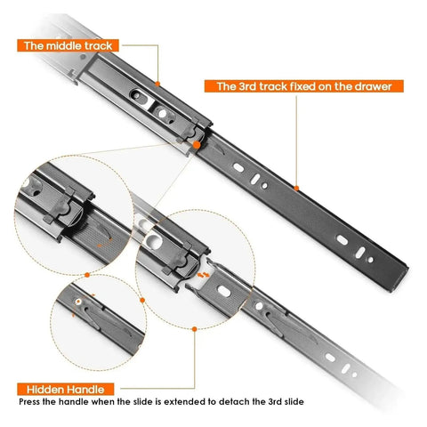 Illustration of side mount ball bearing drawer slides with hidden handle showing silent hydraulic damping and full extension.