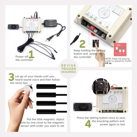 Pro Grade Escape Room Magnetic Sensor Lock System setup guide with power controller and hand adjusting settings, 12 EM lock.