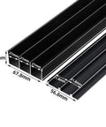 Triple Track Sliding Door Hardware Kit With Heavy Duty Aluminum Rails, Flush Mount Adjustable 3 Panel Bypass For Wardrobe And Room Divider, Cabinet Doors In Black, 220 Cm Long - close-up of black aluminum rails with measurements.