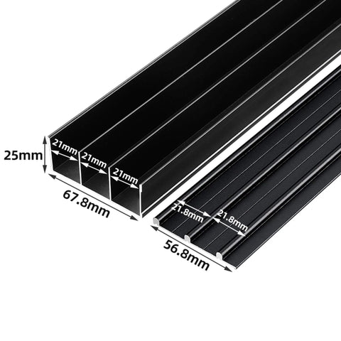Triple Track Sliding Door Hardware Kit With Heavy Duty Aluminum Rails, Flush Mount Adjustable 3 Panel Bypass For Wardrobe And Room Divider, Cabinet Doors In Black, 220 Cm Long - close-up of black aluminum rails with measurements.