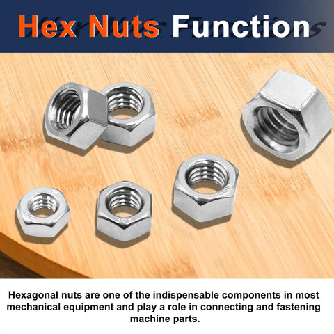 Five stainless steel hex nuts on wooden surface, part of 2 In 1 SAE And Metric Hex Nut Set In Stainless Steel 510 Piece Nut Kit