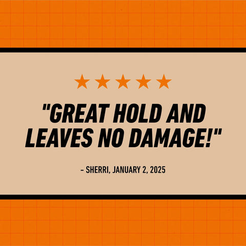 Customer review image for Natural Tan Mounting Putty For Posters And Photos with five stars and positive feedback on no wall damage.