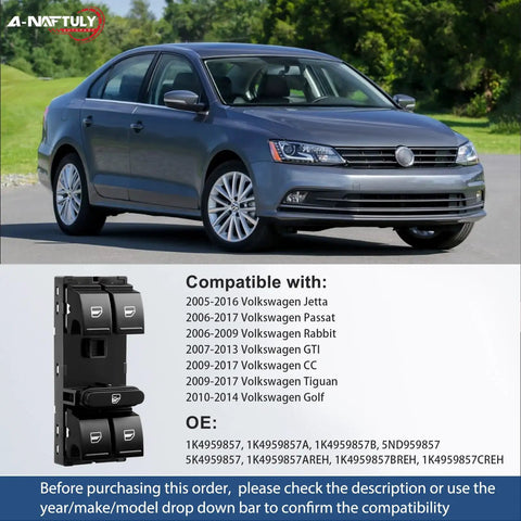 Driver Side Master Power Window Switch Replacement For VW Jetta, Passat, Golf, GTI, Rabbit, CC Front Left shown with compatible VW models.