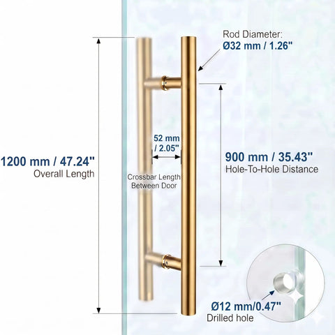 48 Inch Solid Stainless Steel Push Pull Door Handle Built To Last With Heavy Duty Standoffs Commercial Grade 304 Satin Gold Finish For Barn Doors And Glass Doors Rugged Mounting Hardware, 1200mm length