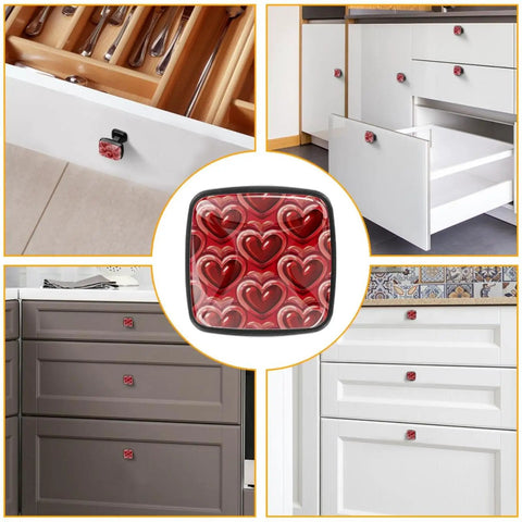 Kick Your Space Up A Notch With These Top Tier Glass Square Cabinet Knobs Featuring A Sweet Red Heart Design Ideal For Kitchen Drawers Cupboards And Dressers Comes With Full Hardware For A No Sweat Setup, showing various views on drawers.