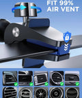Close-up of 15W Wireless Car Charger With Auto Clamping Air Vent Mount, fitting 99% air vents, showing compatibility guide.