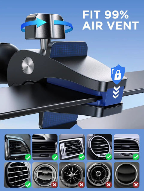 Close-up of 15W Wireless Car Charger With Auto Clamping Air Vent Mount, fitting 99% air vents, showing compatibility guide.