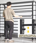 Solid Heavy Duty Adjustable Metal Fabric Roll Storage Rack Featuring Twenty Sturdy Crossbars, user adjusts rod spacing.