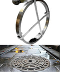 Heavy Duty Manual Drain Snake With Durable Steel Wire Cable Hard As Nails Manganese Core on urban streets and a sewer cover.