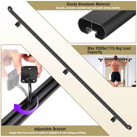 Heavy Duty Black Pipe Stair Handrail For Indoor And Outdoor Steps Aluminum Metal Railing With Wall Return Built Damn Tough Rock Solid Grip Weatherproof Nine Foot Porch Guard showing sturdy adjustable bracket with maximum 250lbs capacity.