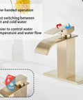 Brushed Gold Waterfall Bathroom Faucet Deck Mount Single Handle 4 Inch Install With 6.5 Inch Cover Plate Vanity Sink Faucet No Drip Ceramic Disc Cartridge Easy Install showing flow direction control.