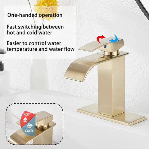 Brushed Gold Waterfall Bathroom Faucet Deck Mount Single Handle 4 Inch Install With 6.5 Inch Cover Plate Vanity Sink Faucet No Drip Ceramic Disc Cartridge Easy Install showing flow direction control.