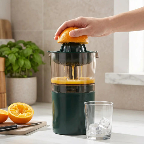 Asixxsix Portable Electric Citrus Juicer In Dark Green 400ml Cordless Handheld Fruit Press Machine With Built In Pulp Filter in use, squeezing orange.