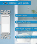 Three Way White Light Switch 4 Pack 15A 120 To 277V Rocker Switches For Single Pole Or Three Way Lighting Home And Office Grade UL And CUL Certified Durable Gloss Finish Easy Install, white rocker switch