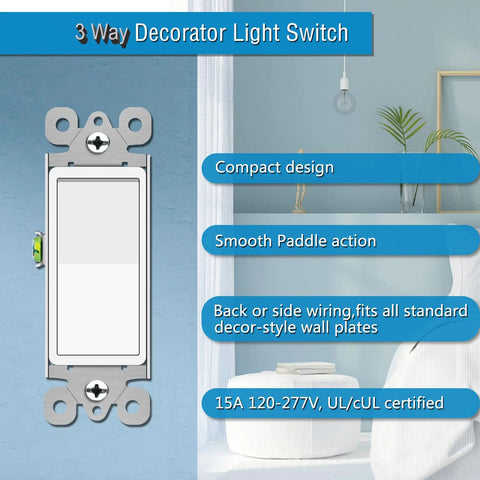 Three Way White Light Switch 4 Pack 15A 120 To 277V Rocker Switches For Single Pole Or Three Way Lighting Home And Office Grade UL And CUL Certified Durable Gloss Finish Easy Install, white rocker switch