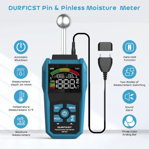 Pin And Pinless Workhorse Moisture Meter With Color LCD And Acoustic Alarm Dual Mode For Wood And Construction Moisture Gauge Detects 20 To 40 Millimeter Wall Thickness And Works On Concrete Masonry Drywall And Other Materials displayed front view with pin probe