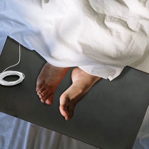 Feet on a Grounding Mat Kit 2 Pack With Grounding Cords And Wrist Straps For Better Sleep 10 By 26.7 Inches Waterproof Soft Krypton Fiber