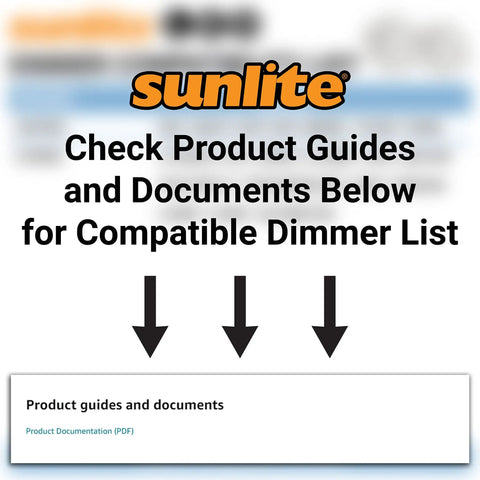 Sign with instructions to check product guides and documents for dimmer compatibility.