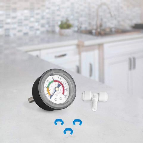 Express Water water pressure gauge for RO systems, front view, 160 psi dial with T-stem adapter; includes 4 blue clips