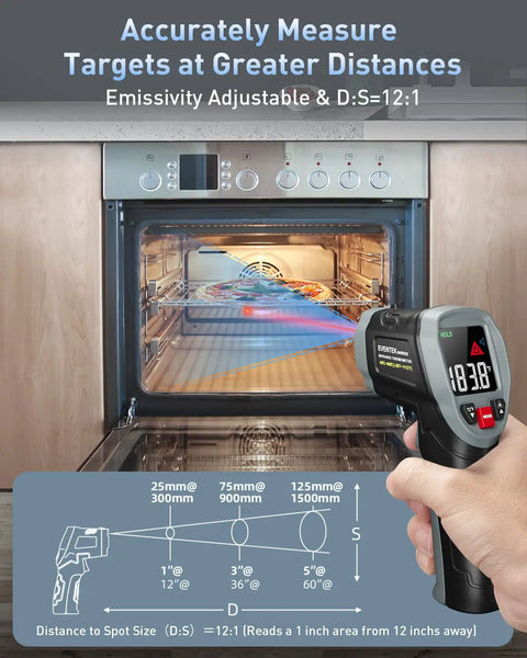 3 In 1 Infrared Thermometer Gun For Cooking, Grilling, Pizza Oven And Engine, Must Have Quick Minus 58F To 1112F Readings In 0.5s, Adjustable Emissivity, Pro Grade Digital Laser Temperature Gun, Includes Meat Probe And Carry Case. Measuring oven temperature