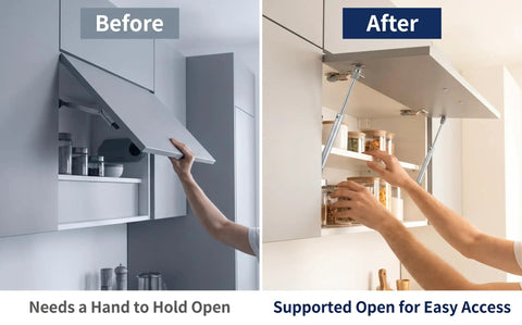 Top Shelf Heavy Duty Gas Struts 2 Pack For Cabinet Doors And Toy Box Lids 150N shows before and after installation, facilitating easy access.