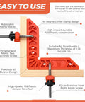90 Degree Corner Clamp Set for Woodworking showing adjustable fixing blocks and measurements for accurate glue-ups on wooden boards.