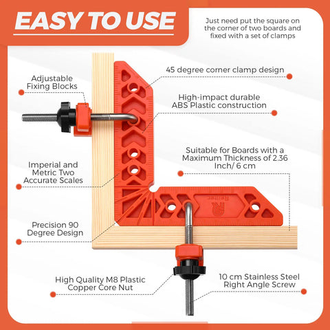 90 Degree Corner Clamp Set for Woodworking showing adjustable fixing blocks and measurements for accurate glue-ups on wooden boards.
