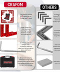 Comparison chart showing the CraFom corner clamp set with aluminum alloy and case versus others, highlighting quality and completeness.