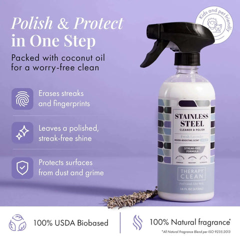 Stainless Steel Cleaner And Polish Bundle With USDA Biobased Formula, Fingerprint And Residue Remover, Lavender Scent, 16 Oz Bottle