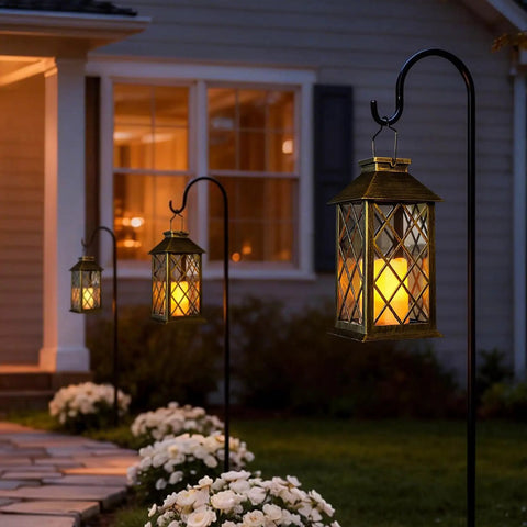 Solar Lanterns Outdoor Waterproof Garden Lanterns With Metal Leaf Pattern Dusk To Dawn Solar Powered Hanging Lights on hooks