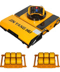 Massive 30 Ton Electric Heavy Duty Machine Mover Skate Kit With Smart Wireless Remote Control, lithium battery powered dolly with yellow frame and pu wheels.
