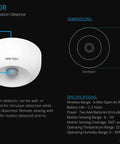 Diagram of indoor motion sensor, featuring design specs, magnetic base, and motion optics; Worlds Longest Range Wireless Motion Sensor With LoRa Tech For Indoor And Outdoor Use, Alexa And IFTTT Compatible, Real Time App Alerts, Remote Monitoring, 1/4 Mile Coverage, Plug N Play Setup Hub Included.