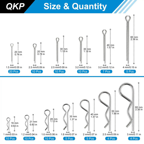 110 Piece Hardware Pins Set With Zinc Plated R Clips And U Type Cotter Pins 13 Popular Sizes with itemized size display