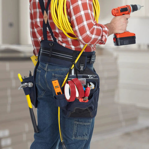 Electrician with Electrical Tape Holder Belt Strap With Snap Hooks And Pouch Rotating Buckles Pro Grade Quick Access Tape Carrier