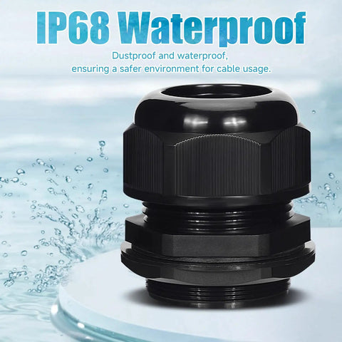 Close-up of IP68 black connector from Waterproof Cable Gland Kit 32 Piece Set Adjustable for 3 To 18 mm Cables PG7 PG9 PG11
