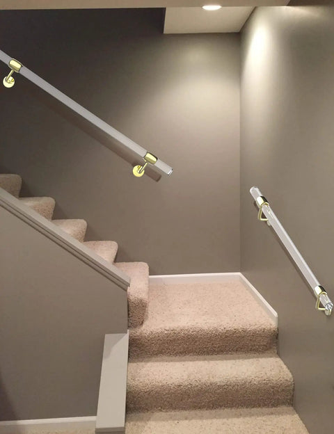 Pair Of Slick Clear Acrylic Interior Stair Handrails Mounted To Rust Proof Gold Brackets Heavy Duty Safety Grab Bars Anti Skid Top Shelf Quality For Modern Home Reno installed on carpeted stairs.