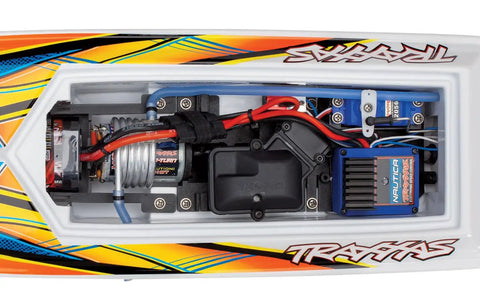 Top view of Beast Speed RC Blast Race Boat with waterproof electronics and water cooling 2.4 GHz radio system components inside hull