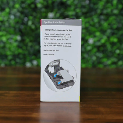 Instructions for dye film installation on Id badge printer, showing steps for inserting dye film replacement.