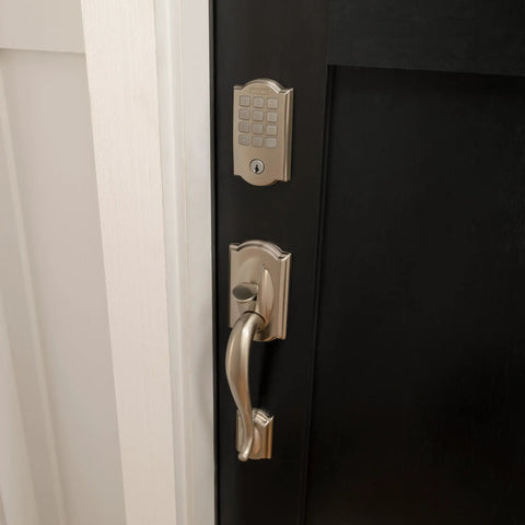 Smart Wifi Deadbolt Lock With App Managed Remote Access And Keyless Entry Door Hardware Featuring Camelot Trim In Satin Nickel For No Sweat Setup And Solid Crib Security