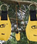 Throw Weight Pouch Set For Arborist Tree Climbing, 2 Pack, 8 Oz And 12 Oz, Luminous Yellow, hanging in tree with black straps