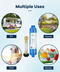 Inline RV Water Filter Kit With Two Flexible Hose Protectors Cuts Chlorine Bad Taste And Rust Turbidity For RVs And Campers Garden Car Wash And Planting 2 Pack Great For Outdoor Use displayed with multiple use scenarios including RV, garden, boat, and kitchen.