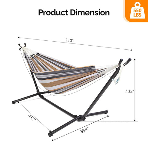 550 Lb Capacity Double Hammock With Stand And Carry Bag For Outdoors And Indoors, Desert Stripe, dimensions labeled