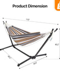 550 Pound Capacity Double Hammock With Stand In Desert Stripe Portable Bag Included Ultra Comfortable 60 By 80 Inch Cotton Polyester Bed Easy Setup For Two And Backyard Chill, shown set up with dimensions.