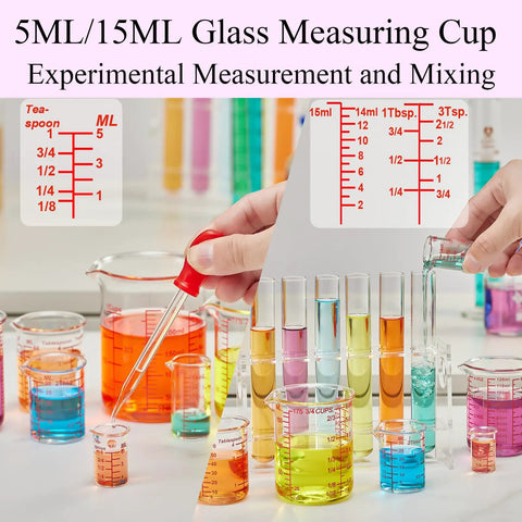 Seven Piece Glass Measuring Cup Set With Borosilicate Beaker Style Nesting Cups, Clear Markings From 1 Tsp To 8 Oz, Your Kitchen Go To For Baking, Cooking And Drink Prep, Durable Glass Easy To Read. Beaker cups with colorful liquids