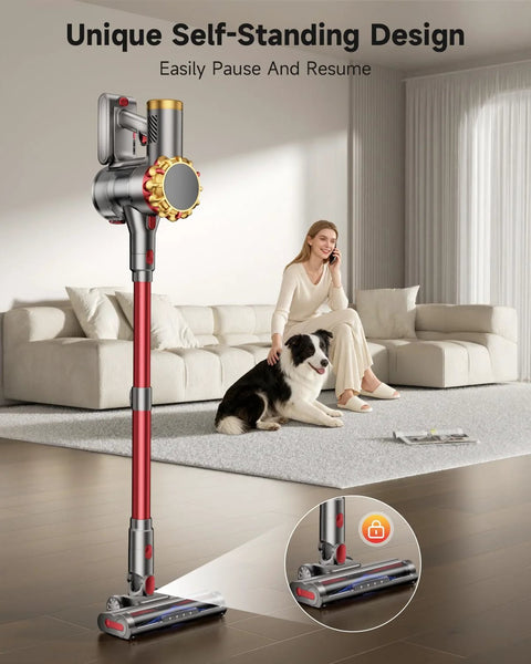 Front view of red and silver cordless vacuum cleaner with self-standing design on hardwood floor