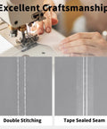 Close-up of sewing machine demonstrating craftsmanship with double stitching and tape sealed seams for Rectangle Patio Furniture Cover For Outdoor Tables And Chairs 110 By 84 Inches Heavy Duty All Weather Waterproof And UV Resistant With Tape Sealed Seams Fits Sectional Sofa Sets 28 Inch Tall Gray And Dark Gray.