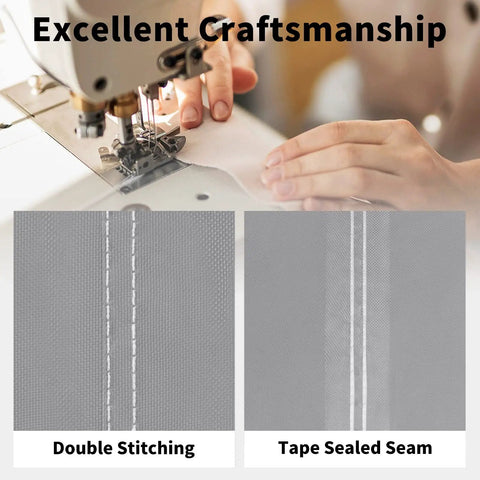 Close-up of sewing machine demonstrating craftsmanship with double stitching and tape sealed seams for Rectangle Patio Furniture Cover For Outdoor Tables And Chairs 110 By 84 Inches Heavy Duty All Weather Waterproof And UV Resistant With Tape Sealed Seams Fits Sectional Sofa Sets 28 Inch Tall Gray And Dark Gray.