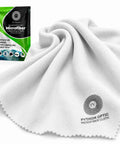 Premium OLED Cleaning Cloth For High End Screens 12 X 16 Inches Ultra Soft 0.5 Denier Microfiber With Split Fiber Technology That Lifts Fingerprints Dust And Oils Without Scratching Safe For Anti Glare Coatings. Folded white microfiber cloth with retail pouch