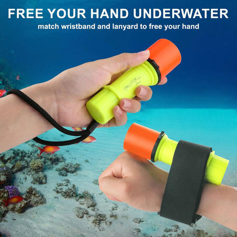 Hands holding Beast 400 Lumen Underwater Dive Light for scuba diving, showing wristband and lanyard in ocean scene.